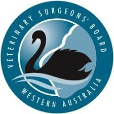Official logo of the Veterinary Surgeons Board, Western Australia, featuring a black swan on waves inside a blue circle.